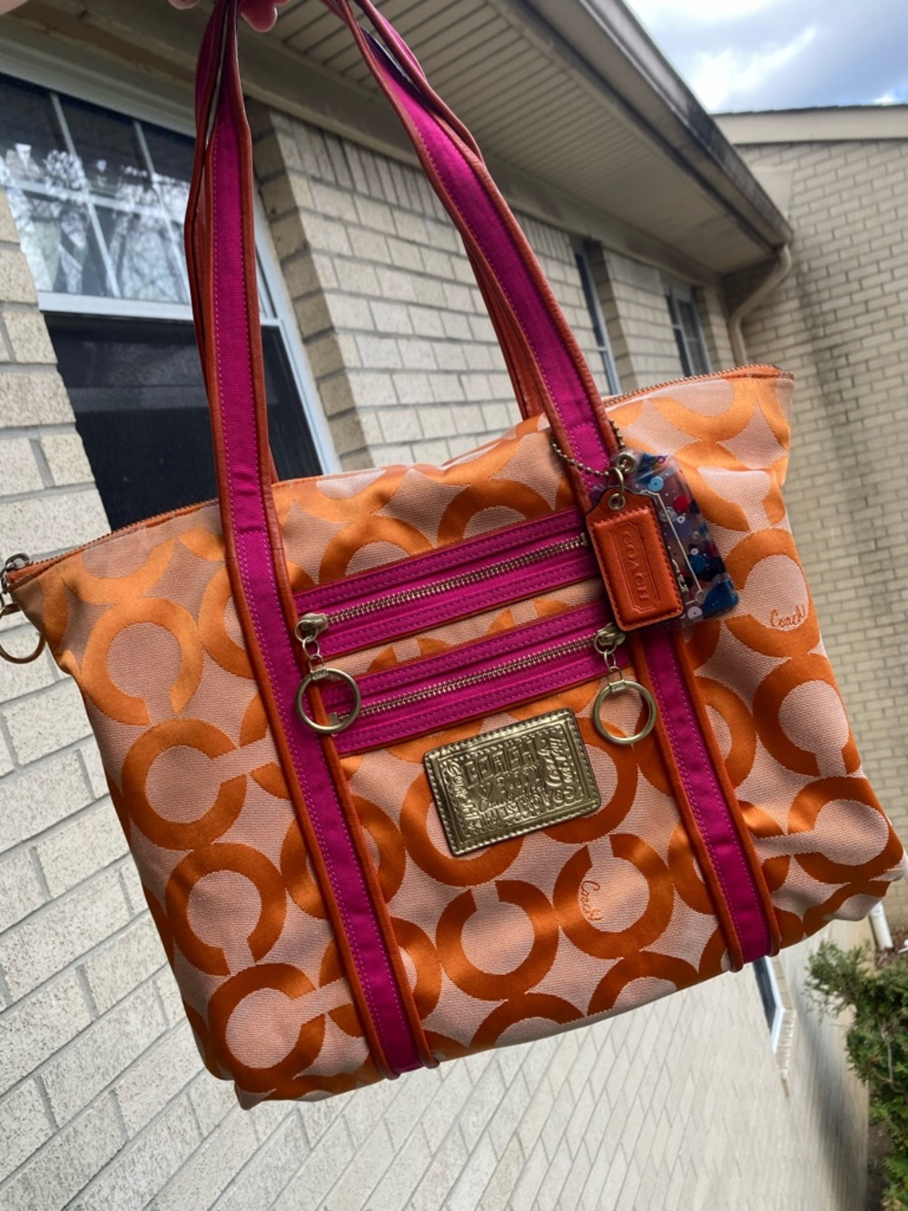 Coach Poppy Orange Signature Print Large Zipper Top Tote Bag 2009 KO994 13826 - Picture 9 of 17